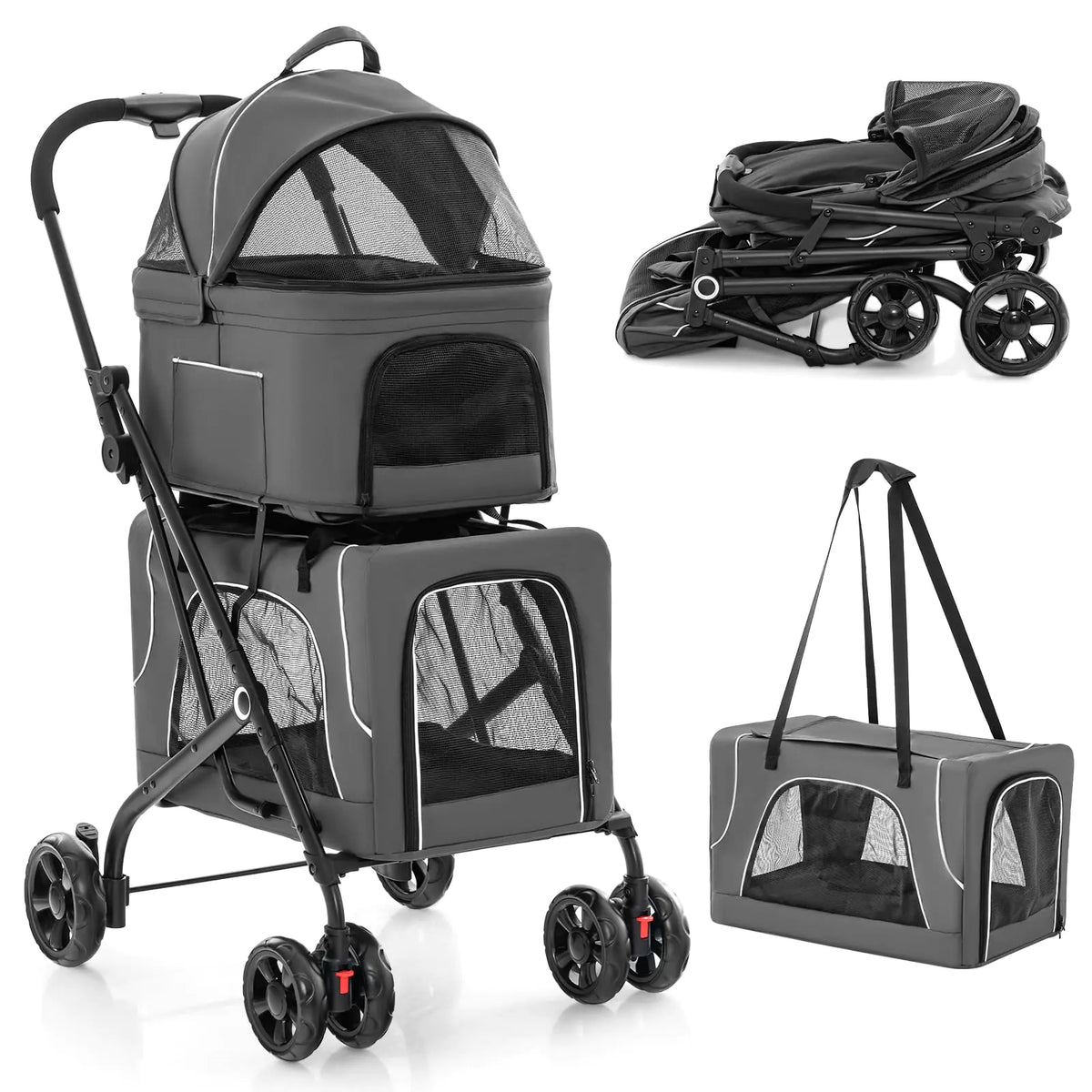 Double Dog Stroller 3-in-1 with 2 Detachable Carriers, Gray
