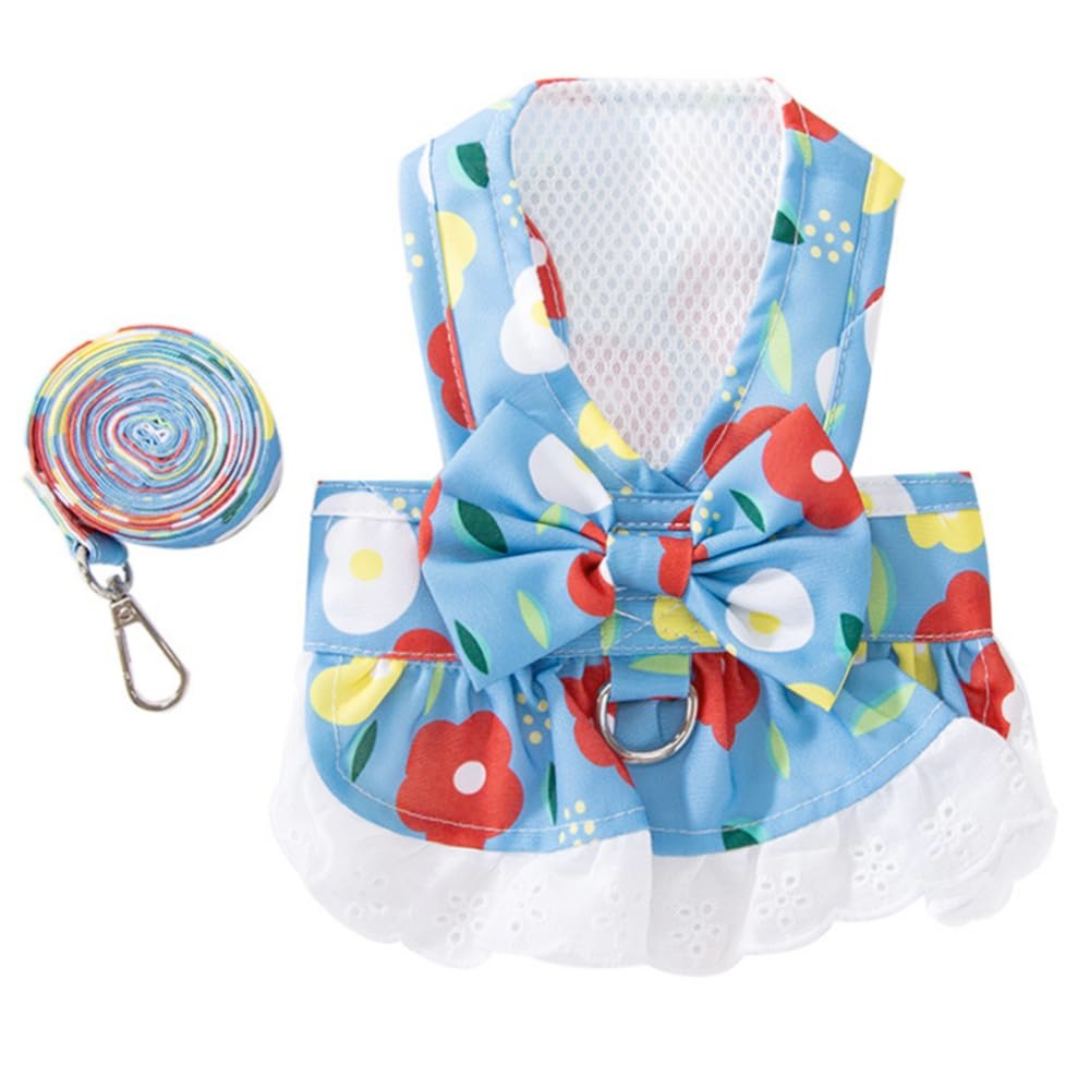 Anelekor floral harness dress with bow knot and matching leash – small dog blue