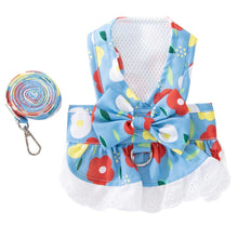 Anelekor floral harness dress with bow knot and matching leash – small dog blue