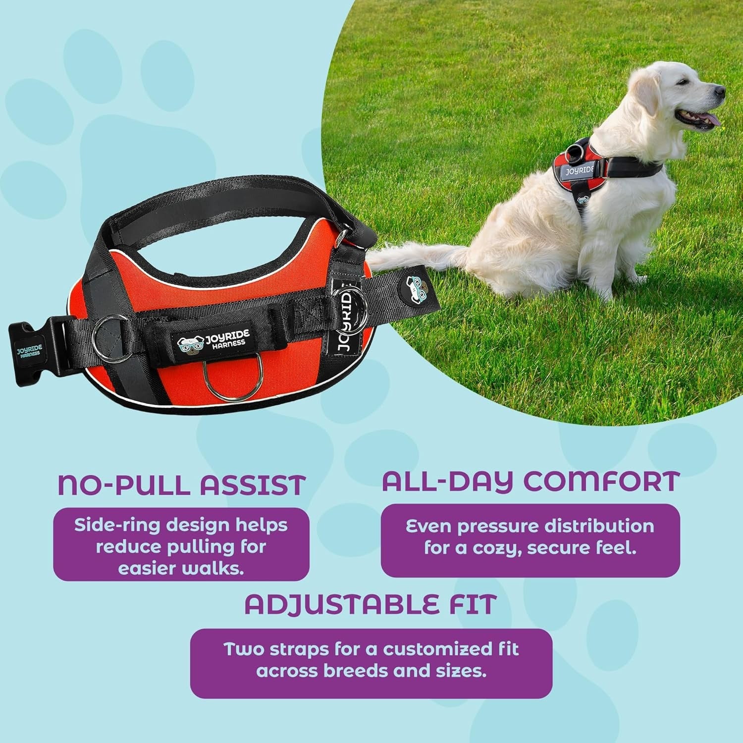 Joyride Harness 2.0 red feature callout showing no-pull assist, all-day comfort, and adjustable fit with golden retriever