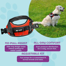 Joyride Harness 2.0 red feature callout showing no-pull assist, all-day comfort, and adjustable fit with golden retriever