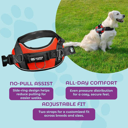 Joyride Harness 2.0 red feature callout showing no-pull assist, all-day comfort, and adjustable fit with golden retriever