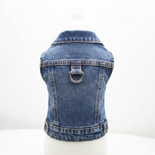 LKEX washed blue denim dog jacket with D-ring leash attachment – small dog