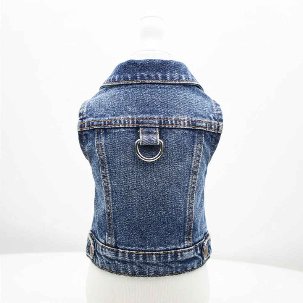 LKEX washed blue denim dog jacket with D-ring leash attachment – small dog