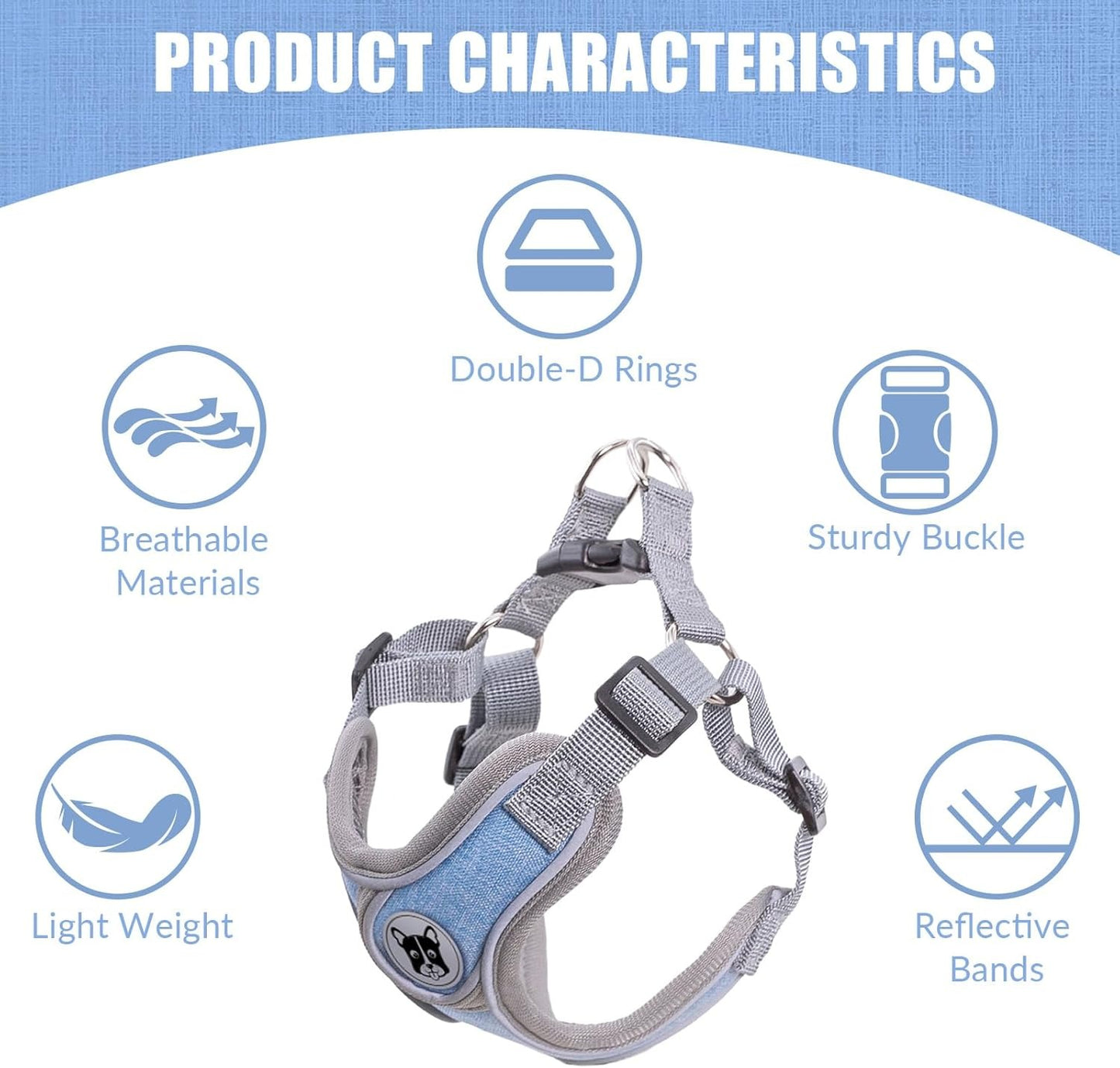 Patas Lague step-in dog harness blue feature callout showing double D-rings, reflective bands, breathable materials, and sturdy buckle