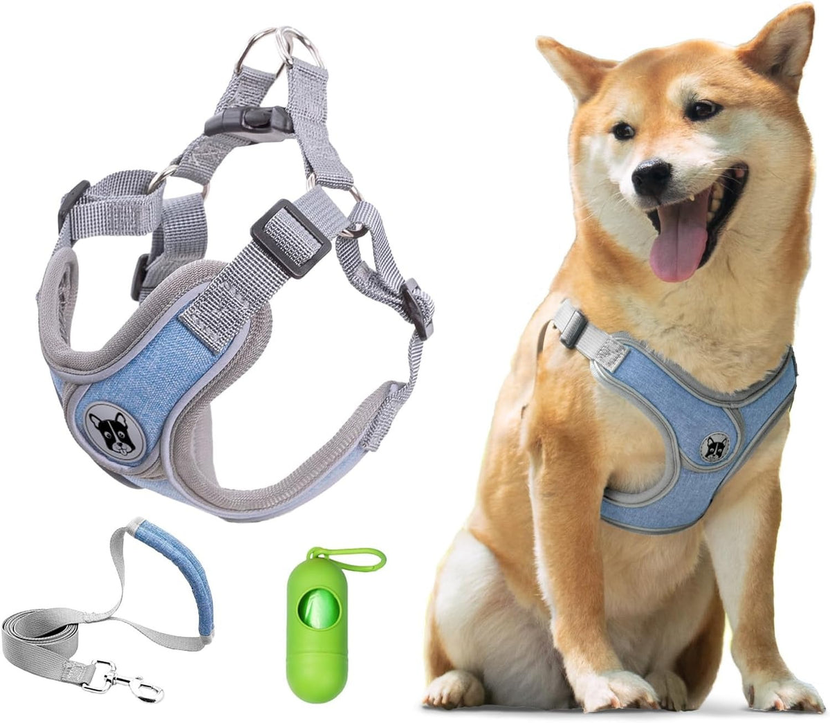 Patas Lague step-in dog harness blue with leash and poop bag dispenser on Shiba Inu