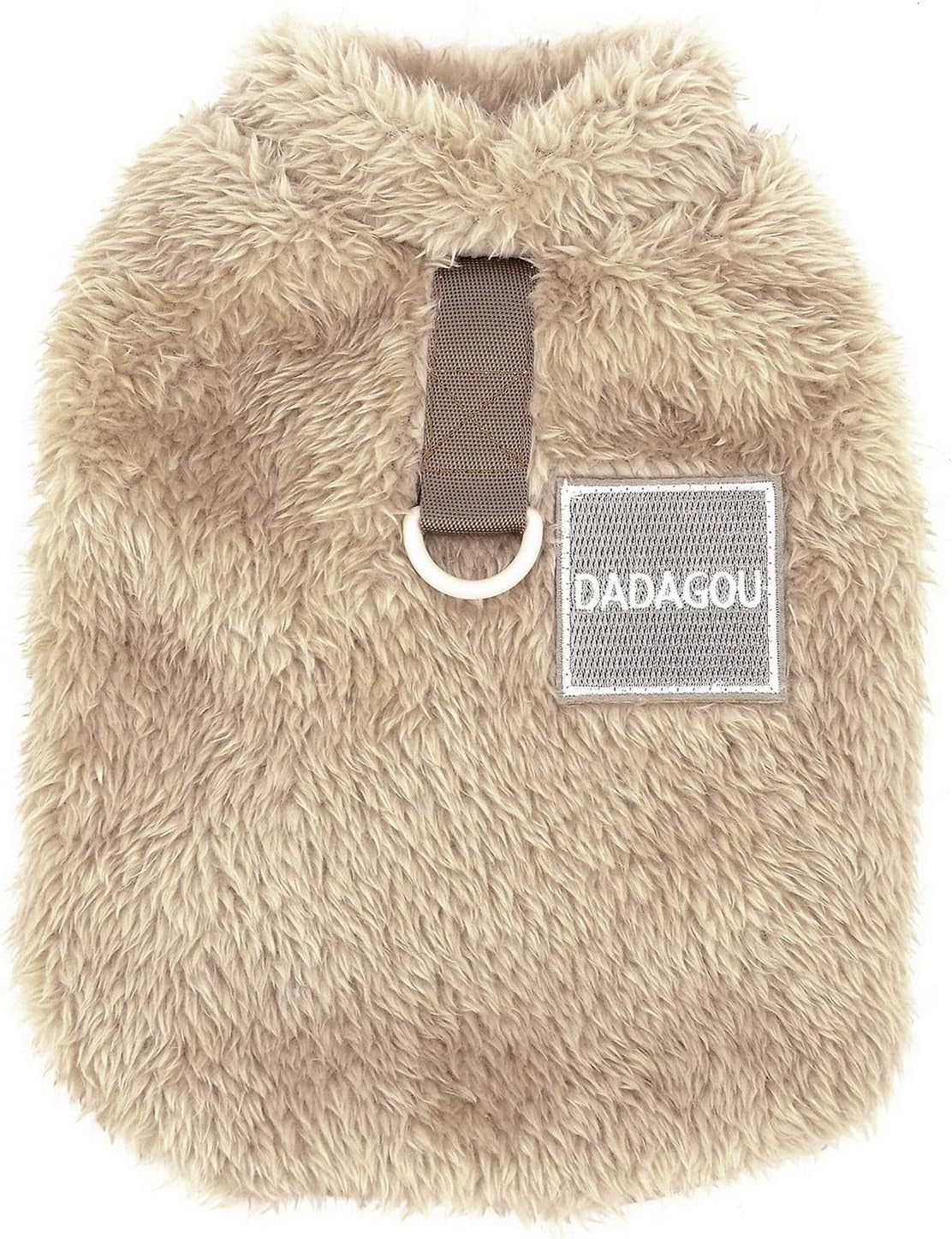 Zunea beige fleece dog sweater back view showing D-ring and Dadagou patch