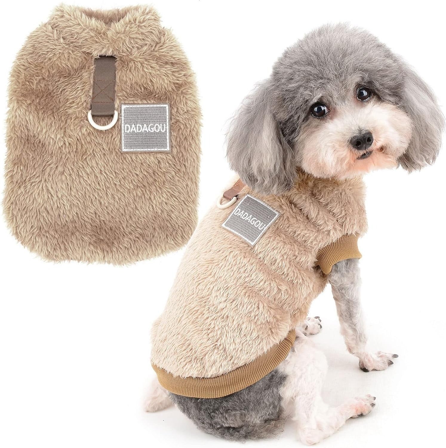 Zunea beige fleece dog sweater with D-ring showing front and back view on small poodle