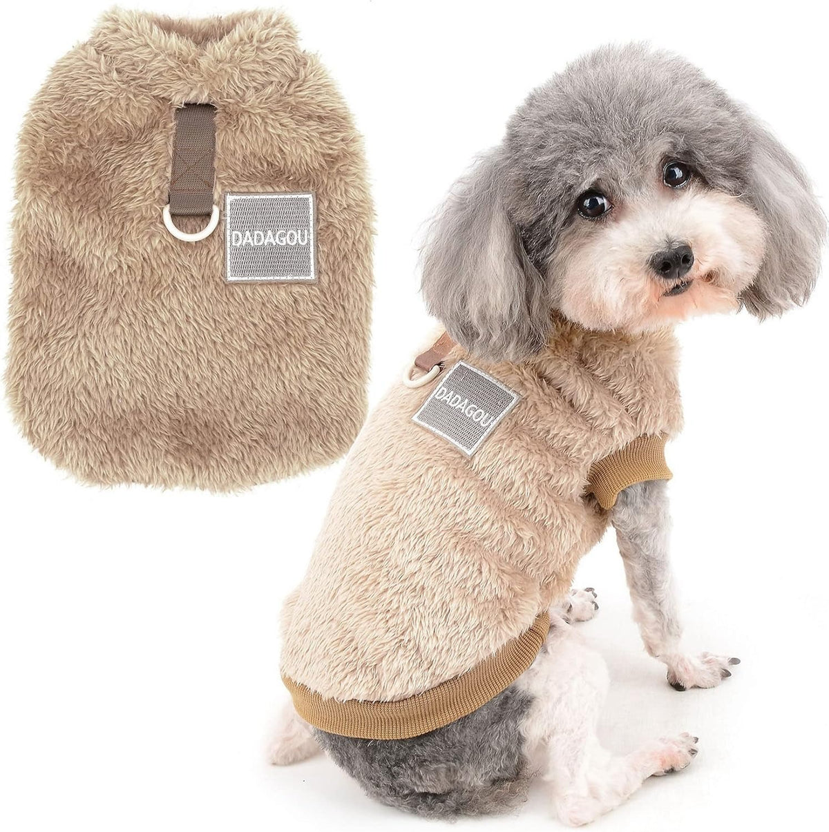 Zunea beige fleece dog sweater with D-ring showing front and back view on small poodle