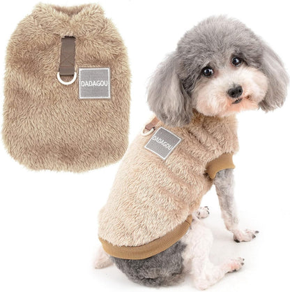 Zunea beige fleece dog sweater with D-ring showing front and back view on small poodle