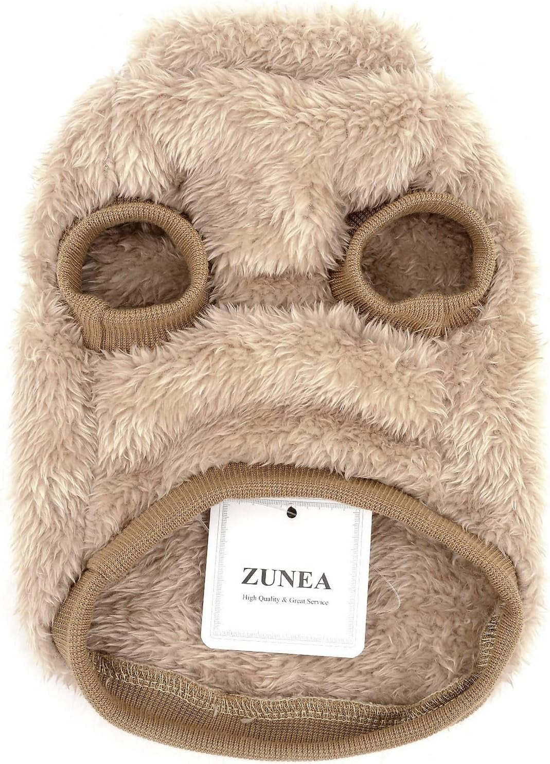 Zunea beige fleece dog sweater inside view showing leg holes and ribbed trim
Image 